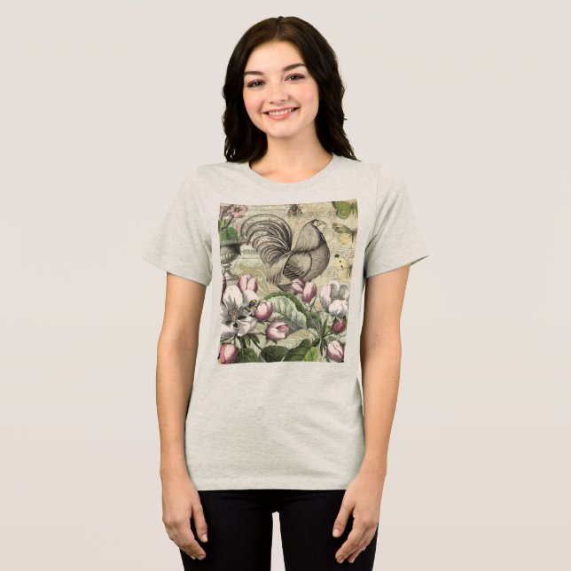 Rooster Garden Flower Butterfly Art Tri-Blend Shirt (Front Full)