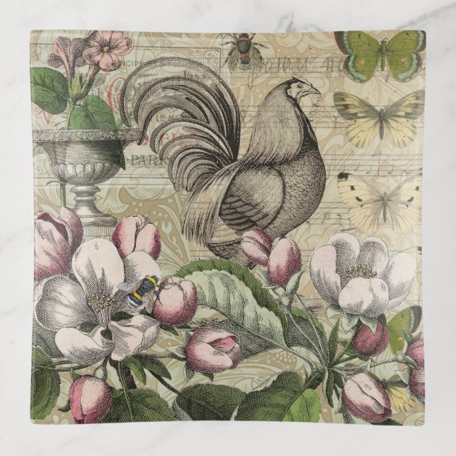 Rooster Garden Flower Butterfly Art Trinket Tray (Front)