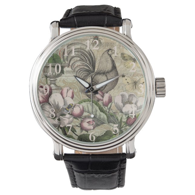 Rooster Garden Flower Butterfly Art Watch (Front)