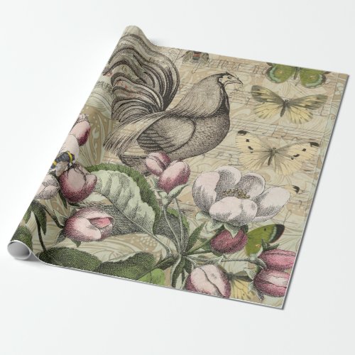 Rooster Garden Flower Butterfly Art Wrapping Paper