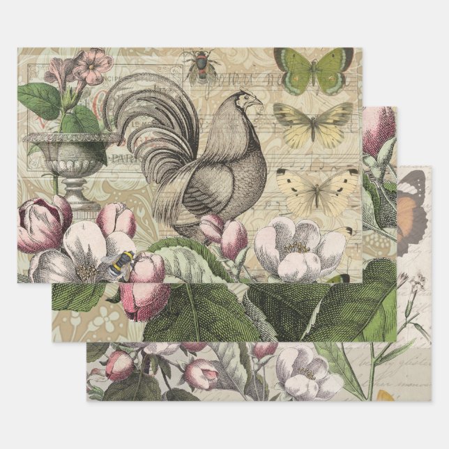 Rooster Garden Flower Butterfly Art Wrapping Paper Sheets (Set)