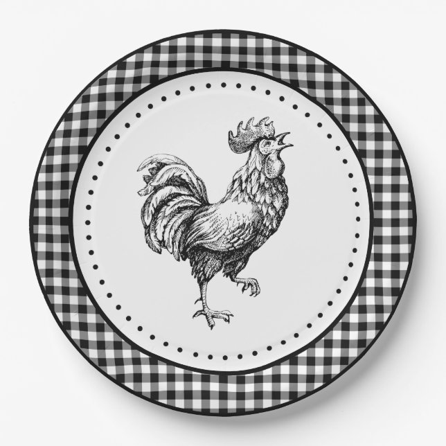 Rooster Gingham Paper Plates (Front)