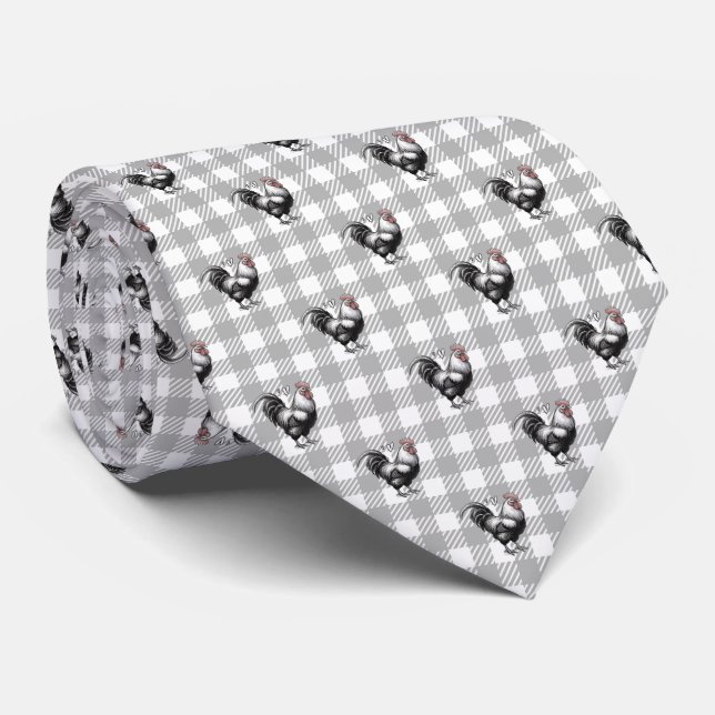 Rooster Grey Plaid Neck Tie (Rolled)