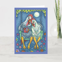 ROOSTER HEN CANOODLES, CUTE CHICKEN ROMANCE *Blank Card
