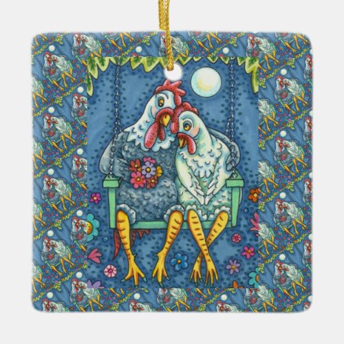 ROOSTER HEN CANOODLES CUTE CHICKEN SWEETHEARTS CERAMIC ORNAMENT