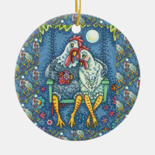 ROOSTER HEN CANOODLES, CUTE CHICKEN SWEETHEARTS CERAMIC ORNAMENT