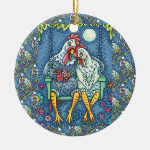 ROOSTER HEN CANOODLES CUTE CHICKEN SWEETHEARTS CERAMIC ORNAMENT