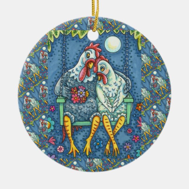 ROOSTER HEN CANOODLES, CUTE CHICKEN SWEETHEARTS CERAMIC ORNAMENT (Front)