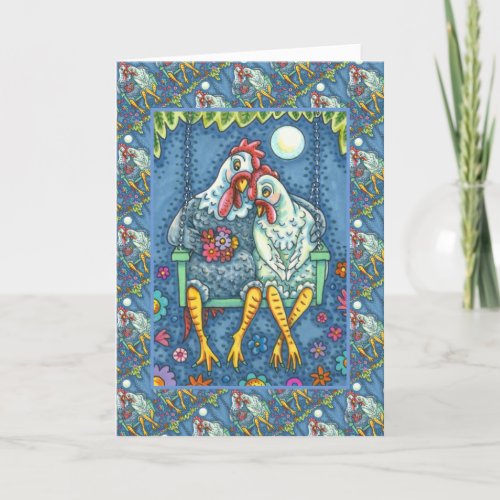 ROOSTER HEN CANOODLES CUTE CHICKEN SWEETHEARTS HOLIDAY CARD