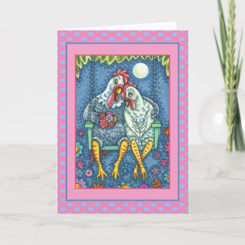 ROOSTER HEN CANOODLES CUTE CHICKEN SWEETHEARTS  HOLIDAY CARD