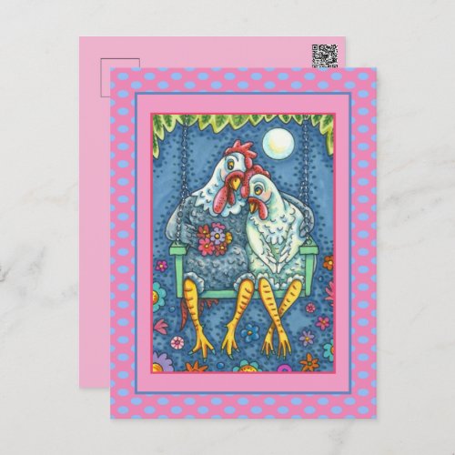 ROOSTER HEN CANOODLES, CUTE CHICKEN SWEETHEARTS HOLIDAY POSTCARD