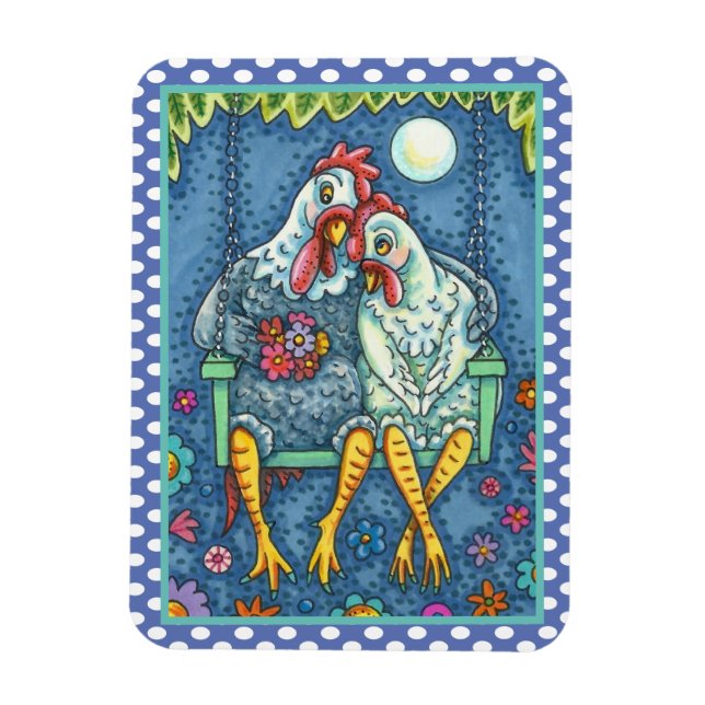 ROOSTER HEN CANOODLES, CUTE CHICKEN SWEETHEARTS MAGNET (Vertical)