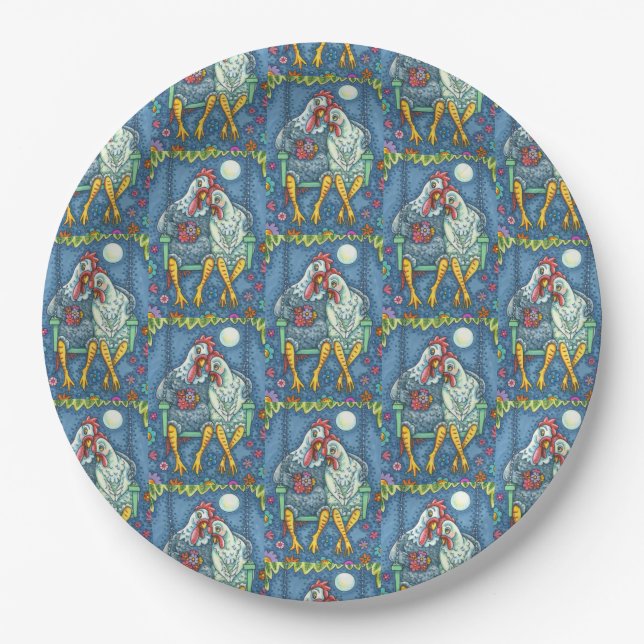 ROOSTER HEN CANOODLES, CUTE CHICKEN SWEETHEARTS PAPER PLATES (Front)