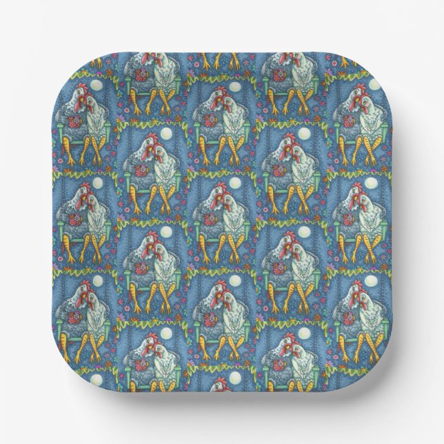 ROOSTER HEN CANOODLES, CUTE CHICKEN SWEETHEARTS PAPER PLATES (Front)