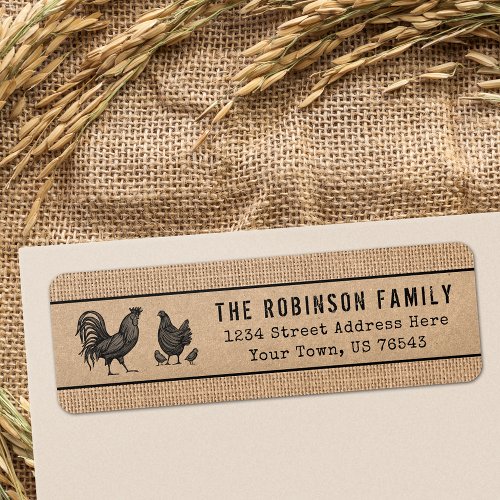 Rooster Hen Chicks Country Burlap And Kraft Style Label