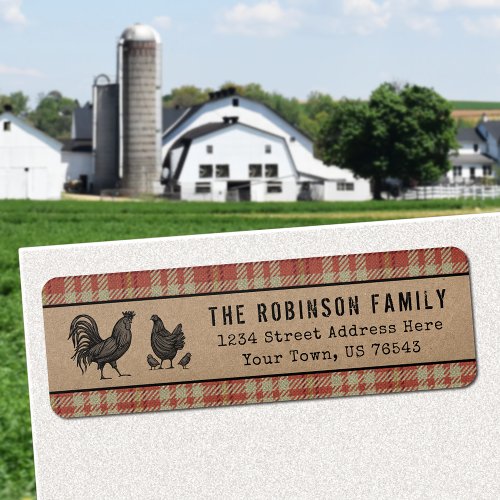 Rooster Hen Chicks Country Red Plaid Kraft Address Label