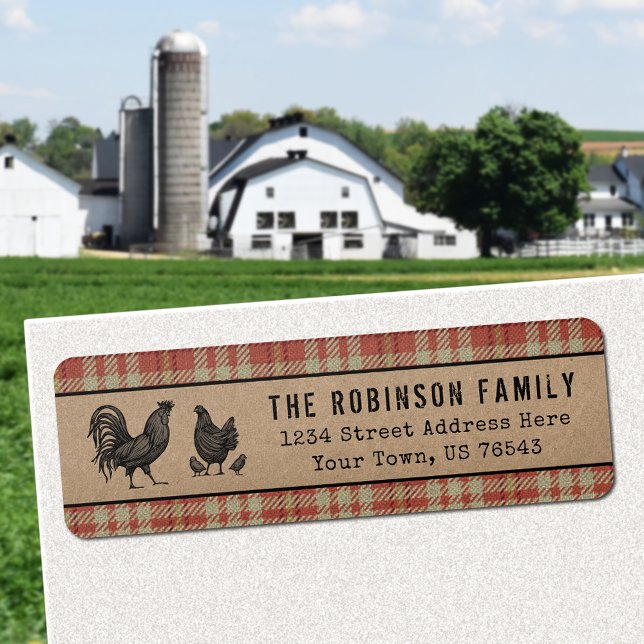 Rooster Hen Chicks Country Red Plaid Kraft Address Label (Choose from Return Address Labels, Shipping Labels or Standard Address Labels)