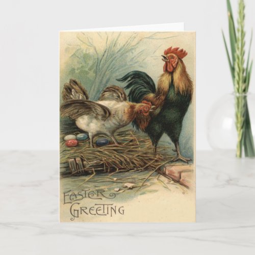 Rooster Hen Easter Colored Painted Egg Nest Holiday Card