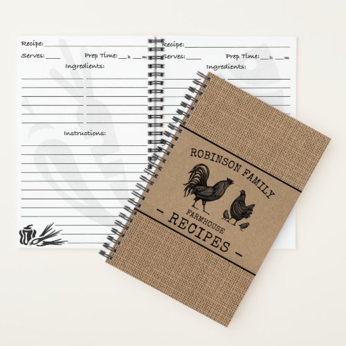 Rooster Hen Family Farmhouse Burlap Kraft Recipe Notebook