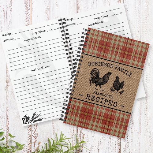 Rooster Hen Family Farmhouse Red Plaid Recipe Notebook