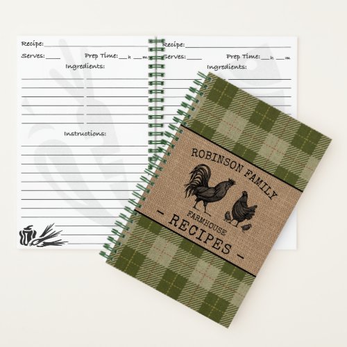 Rooster Hen Family Farmhouse Sage Plaid Recipe Notebook