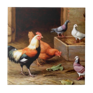 Rooster hen pigeons ceramic tile