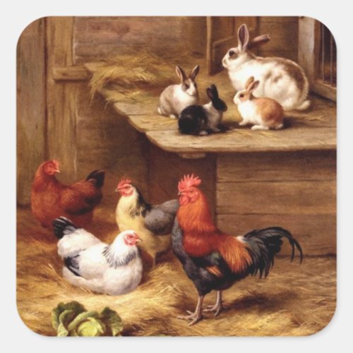 Rooster hens bunnies rabbits chicken farm cute square sticker