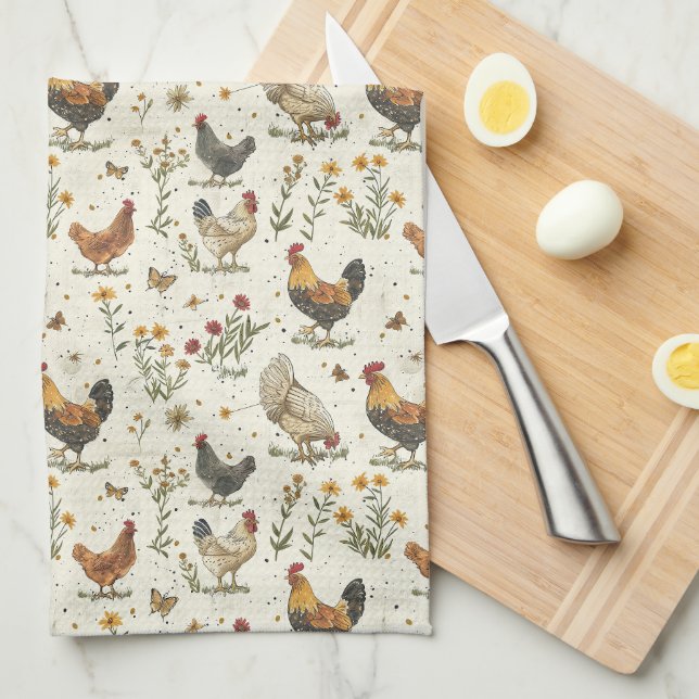 Rooster hens farmhouse beige retro kitchen towel (Quarter Fold)