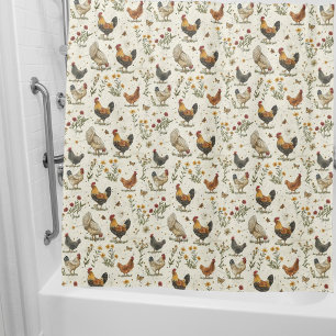Rooster hens farmhouse beige retro shower curtain