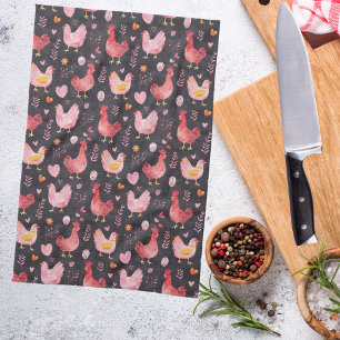 Rooster hens farmhouse black red pink kitchen towel