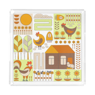 Rooster, hens, geometric floral drawing. acrylic tray