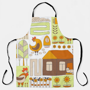 Rooster, hens, geometric floral drawing. apron