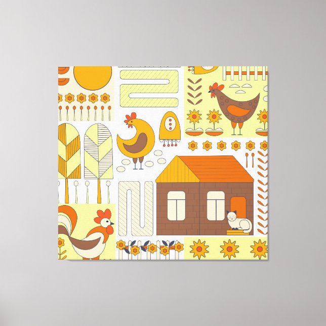 Rooster, hens, geometric floral drawing. canvas print (Front)