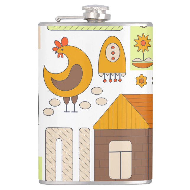 Rooster, hens, geometric floral drawing. flask (Front)