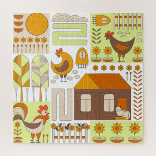 Rooster, hens, geometric floral drawing. jigsaw puzzle