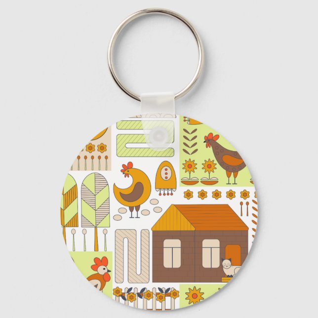 Rooster, hens, geometric floral drawing. keychain (Front)