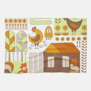 Rooster, hens, geometric floral drawing. kitchen towel