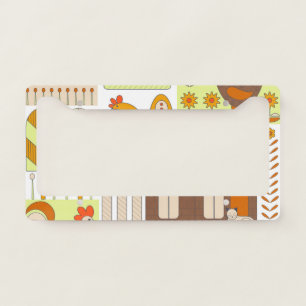 Rooster, hens, geometric floral drawing. license plate frame