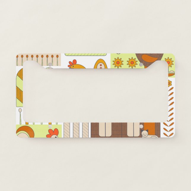 Rooster, hens, geometric floral drawing. license plate frame (Front)