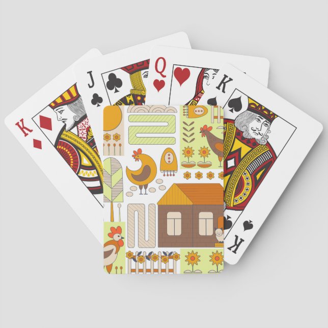 Rooster, hens, geometric floral drawing. poker cards (Back)