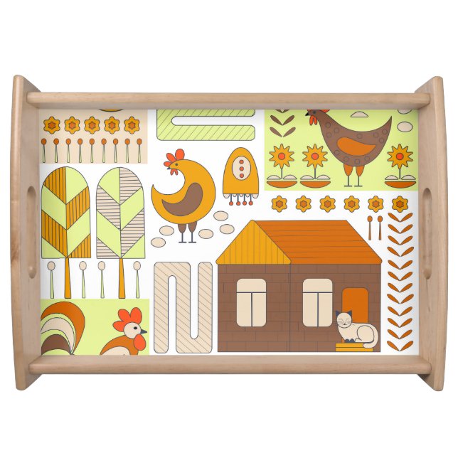 Rooster, hens, geometric floral drawing. serving tray (Front)