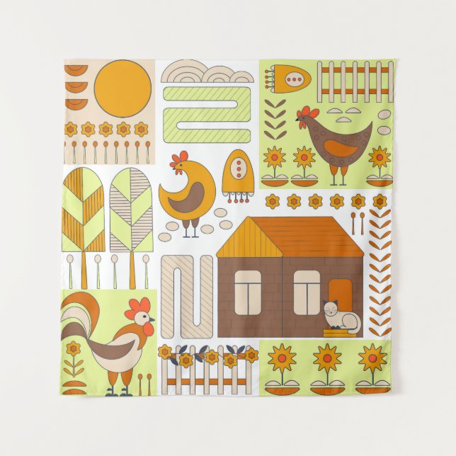 Rooster, hens, geometric floral drawing. tapestry (Front)