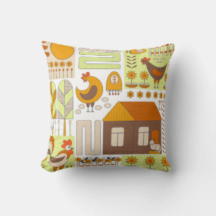 Rooster, hens, geometric floral drawing. throw pillow