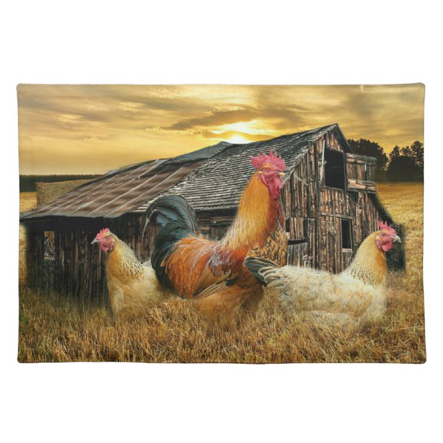 Rooster Hens Rustic Barn Coop Cloth Placemat (Front)