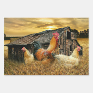 Rooster Hens Rustic Barn Coop Wrapping Paper Sheets
