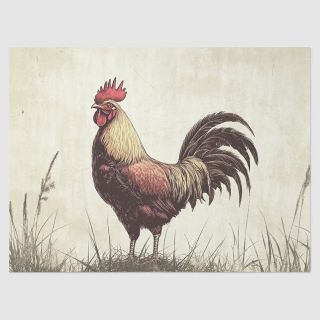 Rooster Illustration Vintage Tone Decoupage Tissue Paper (Front)