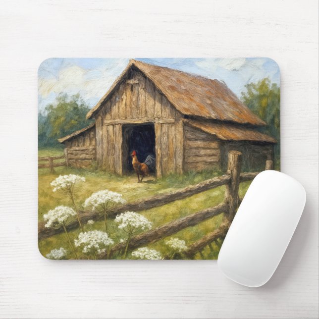 Rooster in a Barnyard Oil Painting Mouse Pad (With Mouse)
