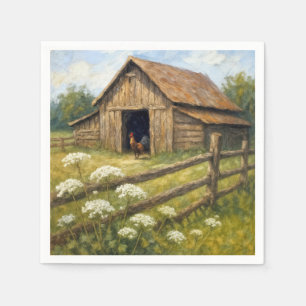 Rooster in a Barnyard Oil Painting Napkins