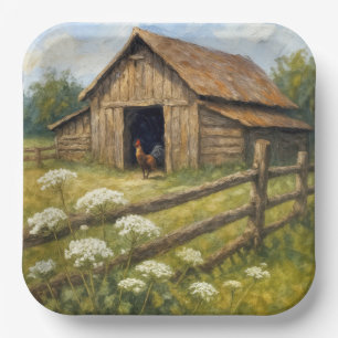Rooster in a Barnyard Oil Painting Paper Plates