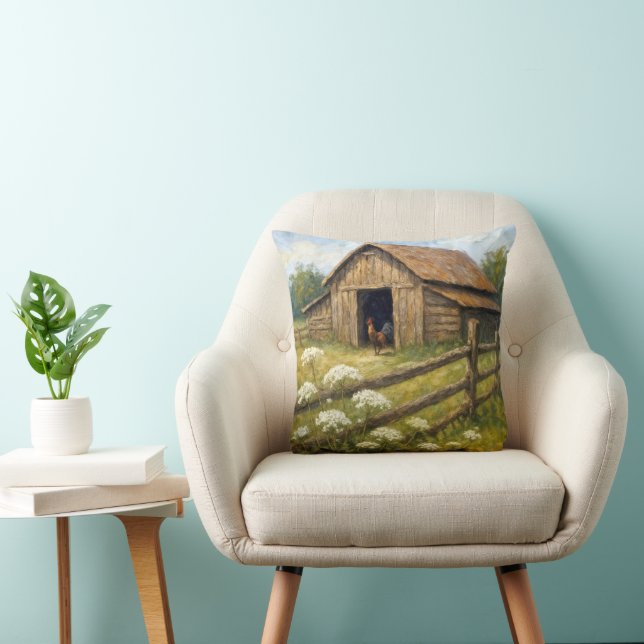 Rooster in a Barnyard Oil Painting Throw Pillow (Chair)